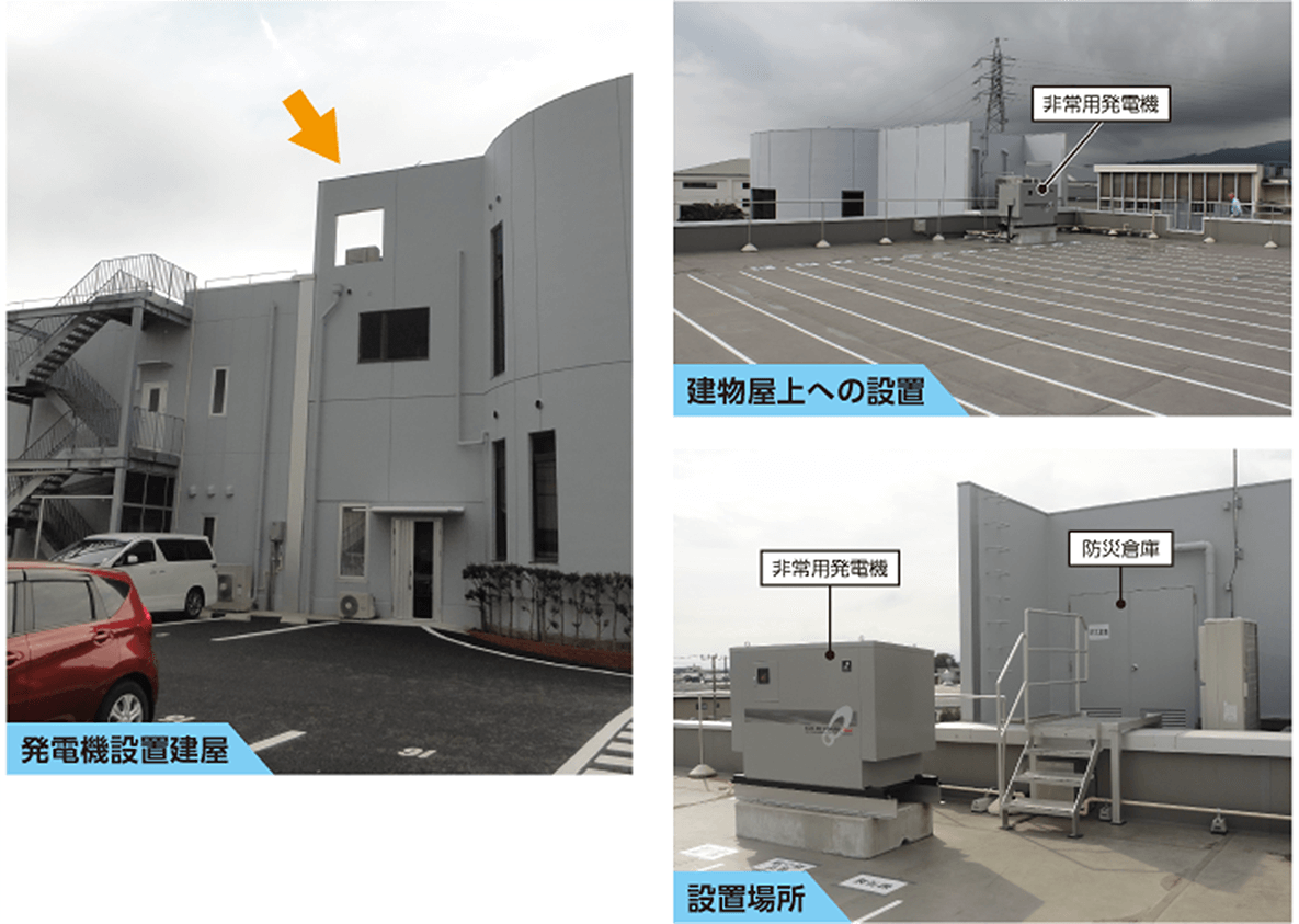 非常階段を上がった(設置高さ23~24m)建物屋上に非常用発電機1台を設置。同屋上には防災倉庫もある。